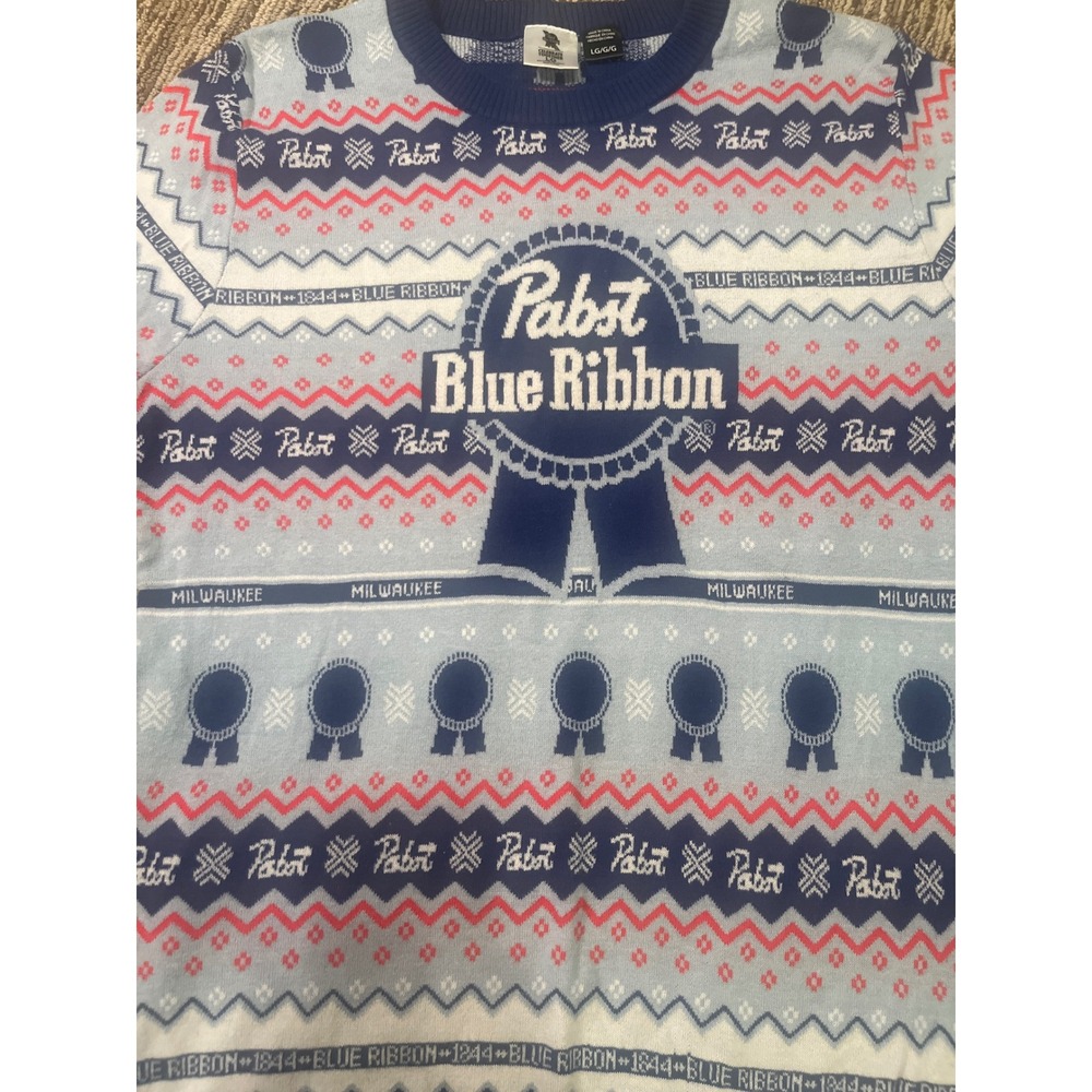 Pabst Blue Ribbon PBR Holiday Sweater Blue Red Celebrate Together LG. Women's